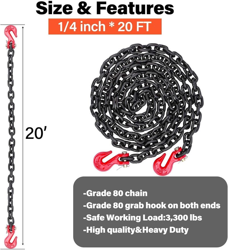 Lechansen 1/4" G80 Trailer Safety Chain, Grade 80 Black Transport Binder Chain 1/4 inch x 20 Feet with G80 Red Clevis Grab Hook Heavy Duty, 1/4" Tow Chains with Hook 3,300 lbs Working Load Limit - Image 2